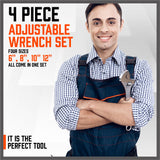 4Pc Adjustable Wrench Set Heavy Duty Shifter Spanner Wide Open Jaw 6/8/10/12