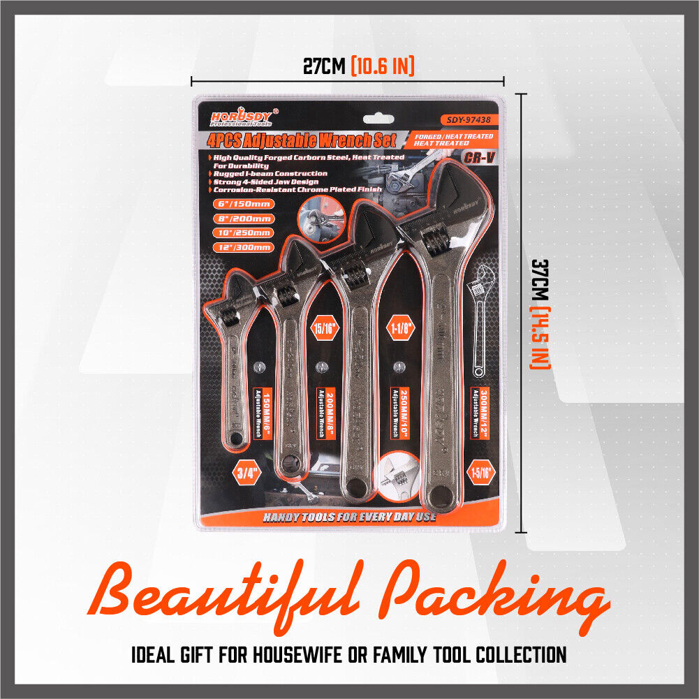 4Pc Adjustable Wrench Set Heavy Duty Shifter Spanner Wide Open Jaw 6/8/10/12