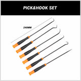 6Pc Extra Long Pick and Hook Set O Ring Seal Puller Remover Fuse Wire Scribe - Top-Down View