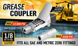Grease Gun Coupler Quick Release & Lock 1/8‘’ NPT Rated 10,000 PSI Storage Case - Side View