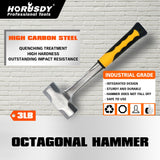2LB+3LB Steel Hammer Double Octagonal Heavy Duty Solid Forged Rubber Grip Handle - Front View