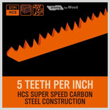 5Pc 9 / 240mm Reciprocating Saw Blades 5TPI Wood Timber Pruning Tool W/T Case - Side View