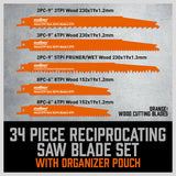 34-Piece Reciprocating Saw Blade Set Wood and Metal Cutting Blades with Storage Pouch - Top-Down View