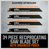 34-Piece Reciprocating Saw Blade Set Wood and Metal Cutting Blades with Storage Pouch - 45-Degree Angle