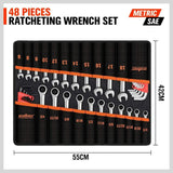 48Pc Spanner Set Ratchet Wrench & Hex Key Metric SAE Allen Key W/T Rolling Pouch - Side View