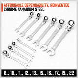 10Pc Flexible Head Ratchet Spanner Set Metric Wrench CRV With Carry Pouch 8-22MM - Top-Down View