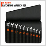 10Pc Flexible Head Ratchet Spanner Set Metric Wrench CRV With Carry Pouch 8-22MM - Close-Up Angle