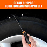 9pc Hook and Pick Tool Set Scraper ,Large Full & Small Mini Size Non-slip Handle - Low Angle