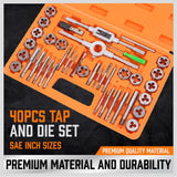 40Pc Tap And Die Set Imperial SAE Screw Screwdriver Thread Drill W/t Pitch Gauge - Side View