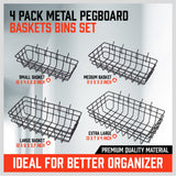 4Pc Pegboard Baskets Set Storage Bins Peg Board Organizer 4 Size Display Hangers - Side View