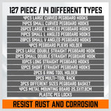 127Pc Pegboard Hooks Set Storage Baskets Organizer Hanger Inc. 4 Small Peg Board - 45-Degree Angle