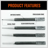 4Pc Nail Punch Set Heavy Duty Solid Steel Hole Punching Leather Gasket 0.8-3.2mm - Top-Down View