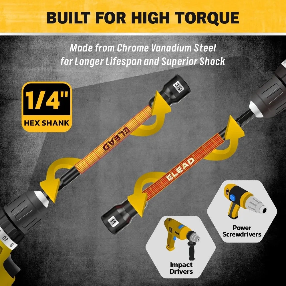 ELEAD 35Pcs Magnetic Nut Driver Bit Set Metric SAE 1/4" Hex Drill CR-V Steel