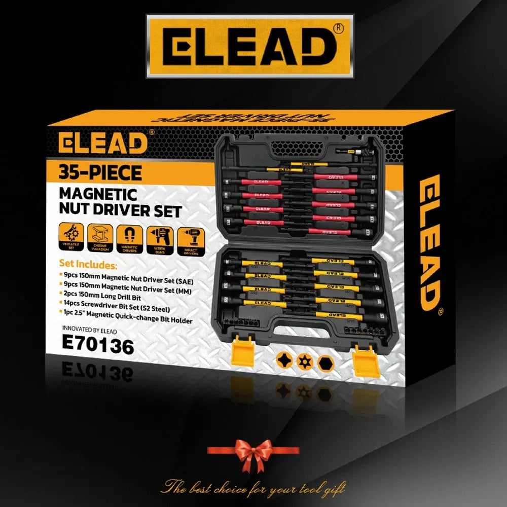 ELEAD 35Pcs Magnetic Nut Driver Bit Set Metric SAE 1/4" Hex Drill CR-V Steel