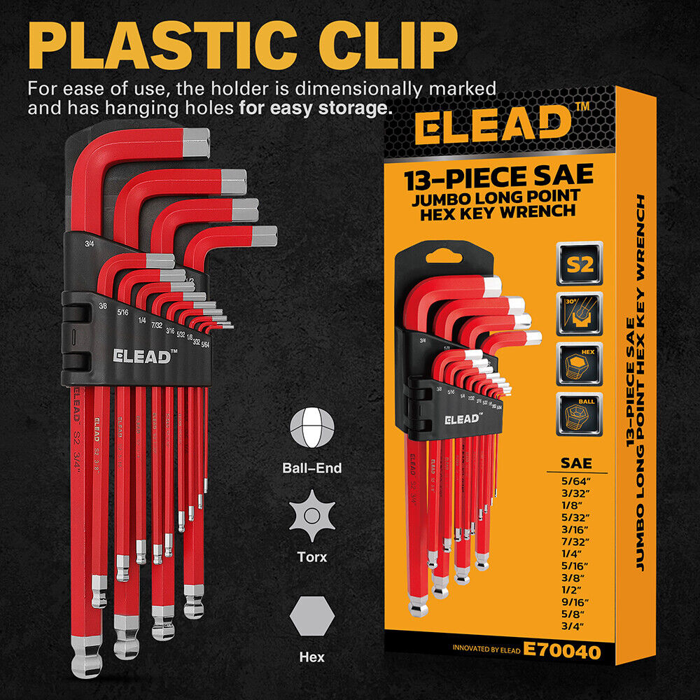 ELEAD 13Pc Extra Large Hex Key Set Long Allen Key Wrench Ball End SAE 5/64-3/4
