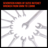 12Pc Ratchet Spanner Set Metric Open & Ring Wrenches 8-19mm CR-V + Rolling Bag - 45-Degree Angle