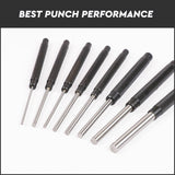 8Pc Heavy Duty Long Pin Punch Set 2.4 to 10mm Drift Roll Nail Steel Flat End New - 45-Degree Angle