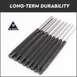 8Pc Heavy Duty Long Pin Punch Set 2.4 to 10mm Drift Roll Nail Steel Flat End New - Close-Up Angle