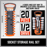 3Pc Socket Rails 66 Socket Holder Space Organiser Garage Rack 1/4 3/8 1/2 - Side View