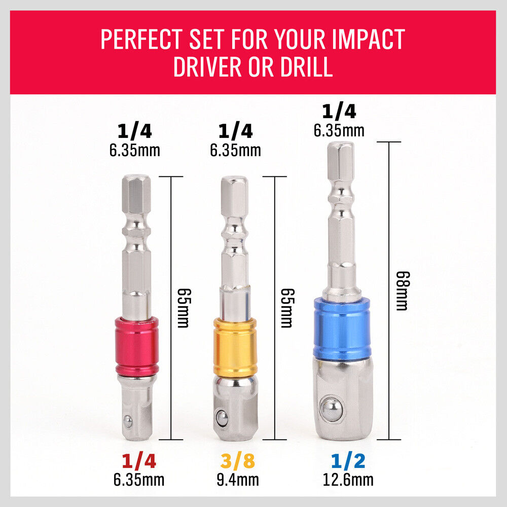 3Pc Socket Bit Adaptor Set Drill Nut Driver Power Extension Bars 1/4 3/8 1/2