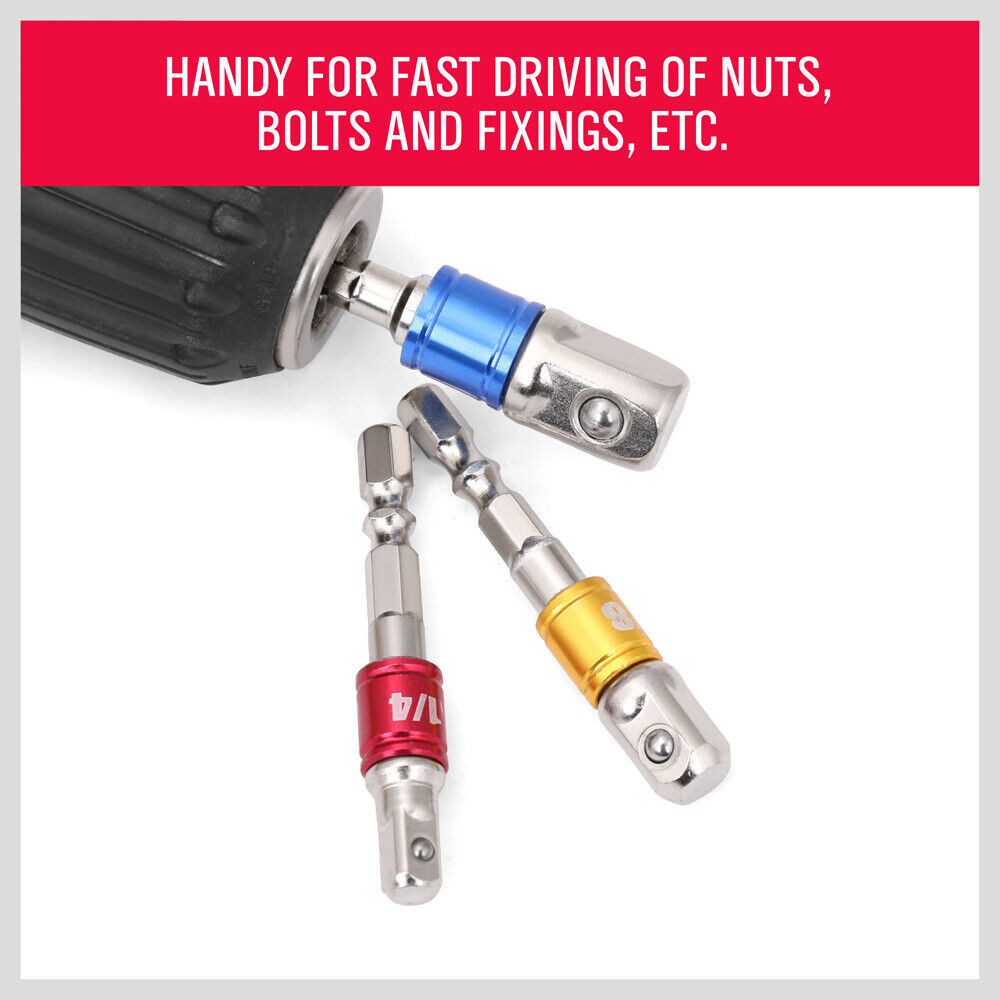 3Pc Socket Bit Adaptor Set Drill Nut Driver Power Extension Bars 1/4 3/8 1/2