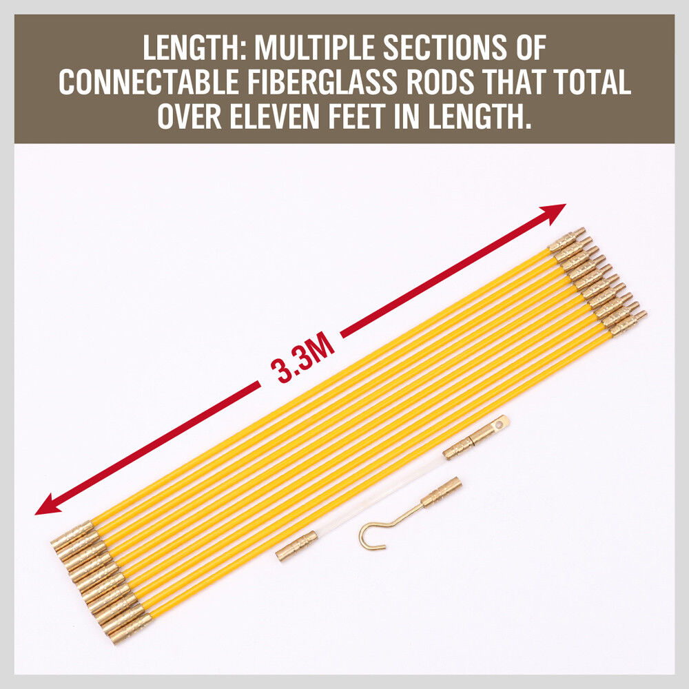 3.3m ? 4mm Fibreglass Electricians Push Pull Rods Cable Cavity Contractors Duct