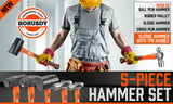 5Pc Hammer Set Rubber / Ball Pein / Sledge / Cross Pein Mallet TPR Grip Handle - Front View