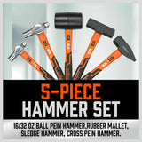 5Pc Hammer Set Rubber / Ball Pein / Sledge / Cross Pein Mallet TPR Grip Handle - Low Angle