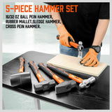 5Pc Hammer Set Rubber / Ball Pein / Sledge / Cross Pein Mallet TPR Grip Handle - Extra Image