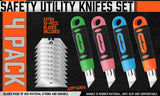 4Pc Box Cutter Snap Off Utility Knife Retractable Grip Handle 10x Spare Blades - Front View