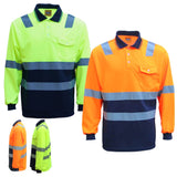 HI VIS Long Sleeve Workwear Shirt w Reflective Tape Cool Dry Safety Polo 2 Tone, Fluoro Yellow /Navy, 2XL - Front View