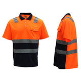 HI VIS Short Sleeve Workwear Shirt w Reflective Tape Cool Dry Safety Polo 2 Tone, Fluoro Orange / Navy, L - Front View