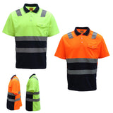 HI VIS Short Sleeve Workwear Shirt w Reflective Tape Cool Dry Safety Polo 2 Tone, Fluoro Yellow / Navy, L - Front View