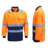 HI VIS Long Sleeve Workwear Shirt w Reflective Tape Cool Dry Safety Polo 2 Tone, Fluoro Orange / Navy, 3XL - Side View