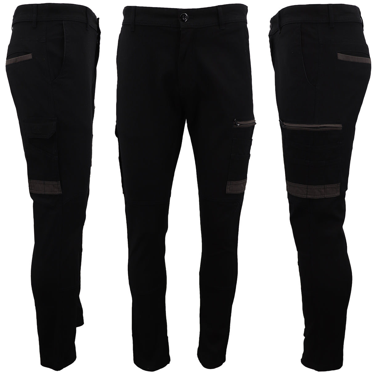 Men's Cotton Drill Cargo Work Pants UPF 50+ 13 Pockets Tradies Workwear Trousers, Black, 30