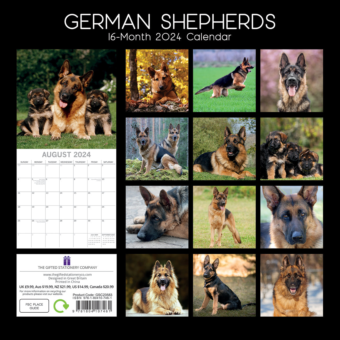 German Shepherds - 2024 Square Wall Calendar Pets Dog 16 Months Premium Planner