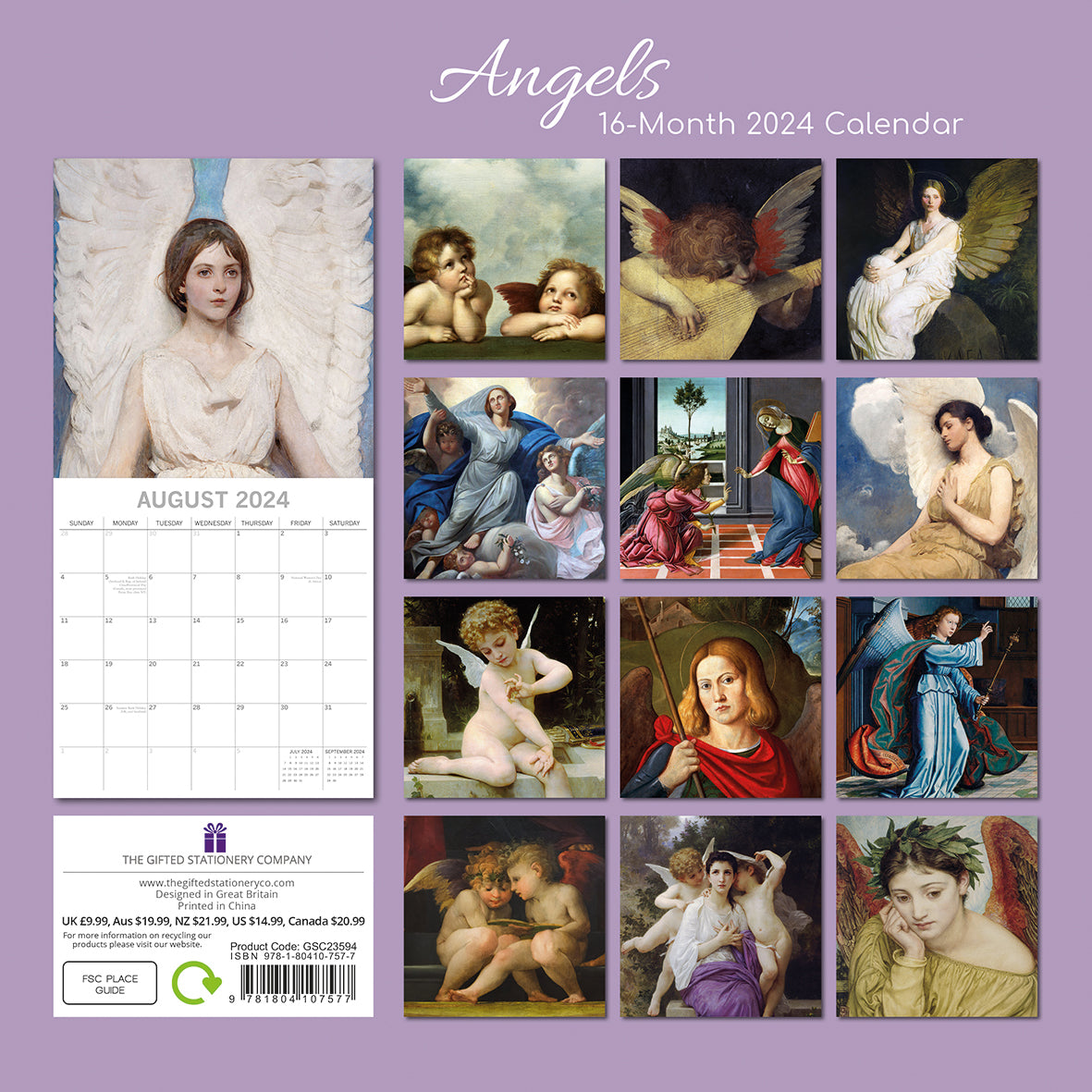 Angels - 2024 Square Wall Calendar 16 Month Arts Planner Christmas New Year Gift