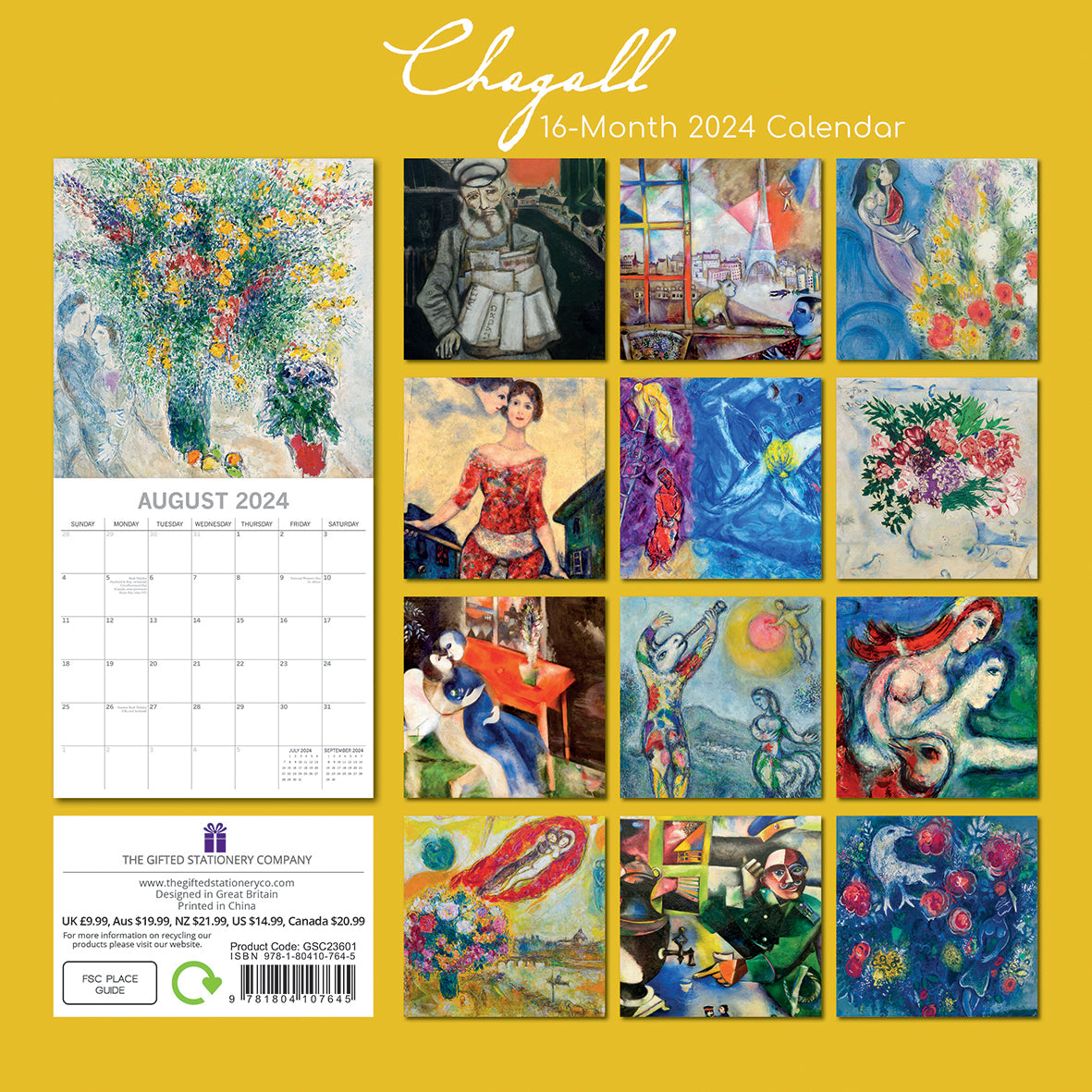 Chagall 2024 Square Wall Calendar 16 Months Arts Planner Christmas New Year Gift