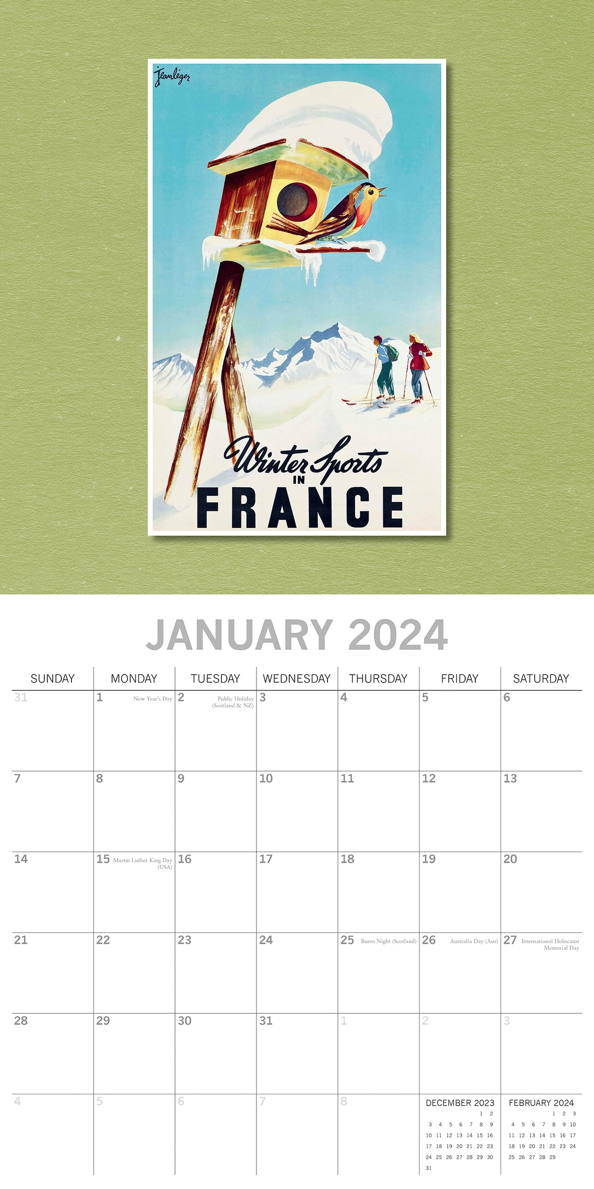 Vintage Skiing Posters - 2024 Square Wall Calendar 16 Months Arts Planner Gift
