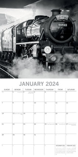 Steam Trains - 2024 Square Wall Calendar 16 Month Black & White Planner New Year