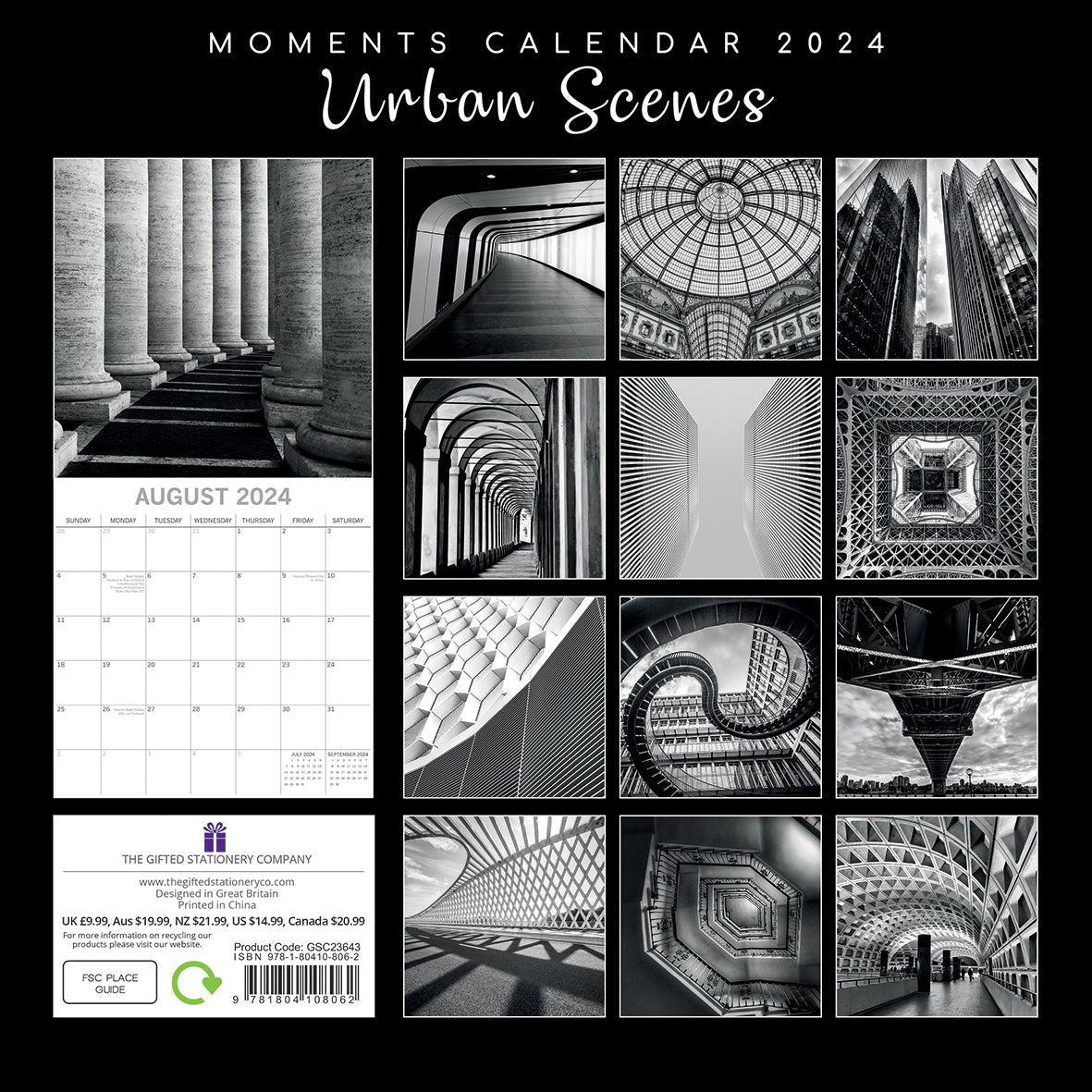 Urban Scenes - 2024 Square Wall Calendar 16 Months Black & White Planner Gift