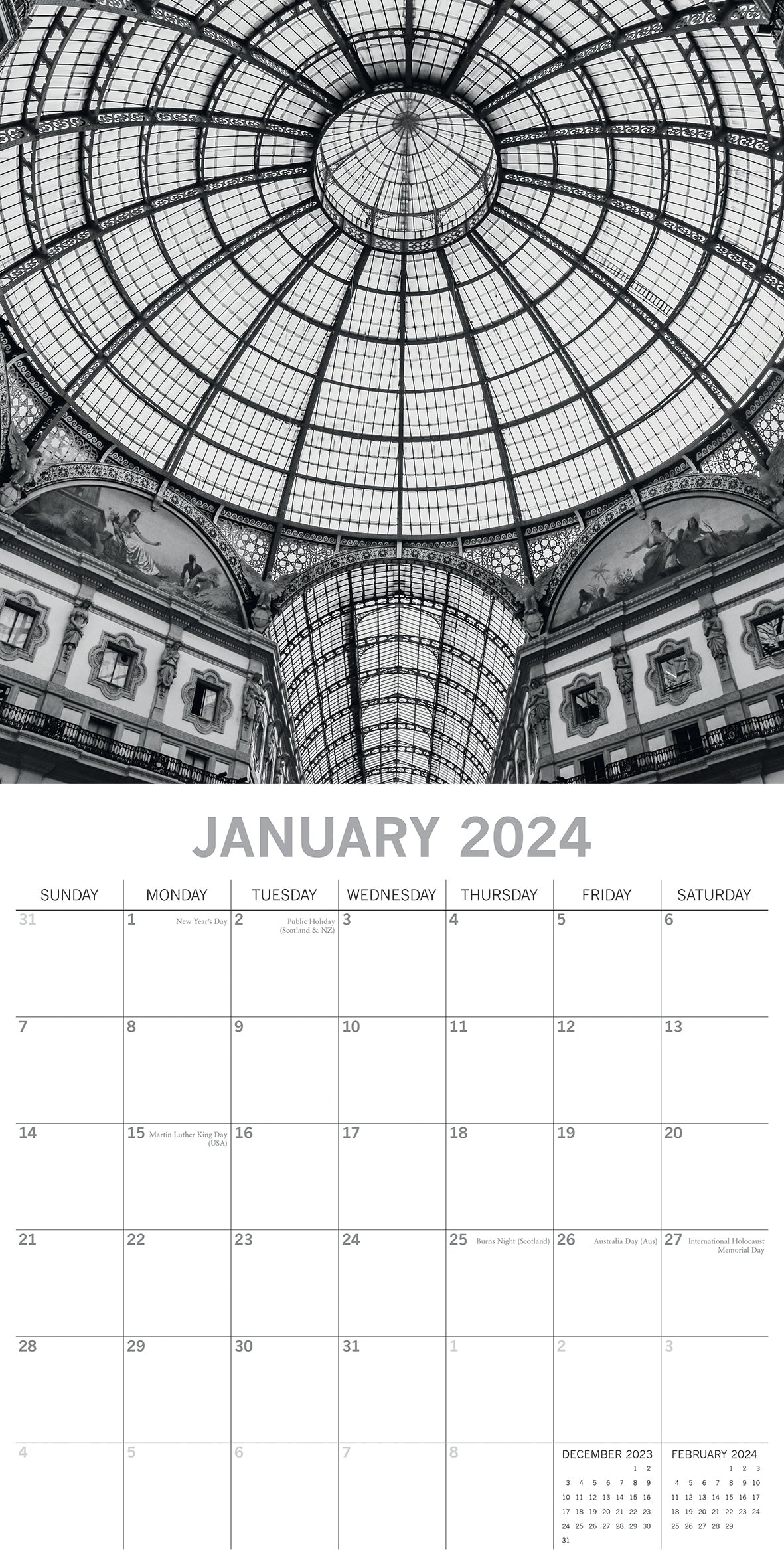 Urban Scenes - 2024 Square Wall Calendar 16 Months Black & White Planner Gift
