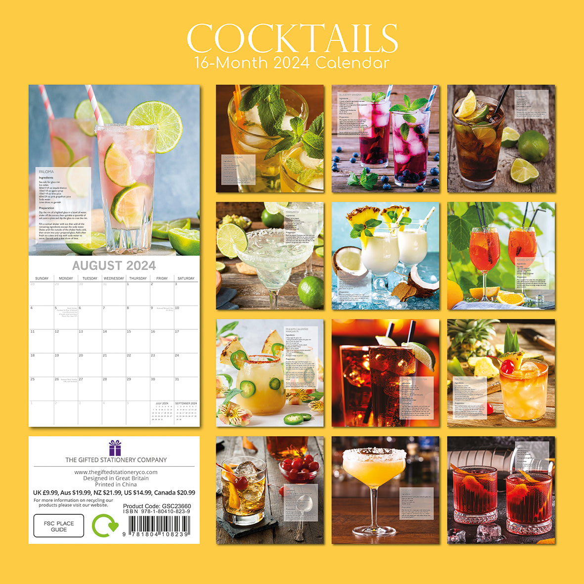 Cocktails - 2024 Square Wall Calendar 16 Months Food Planner New Year w Recipes