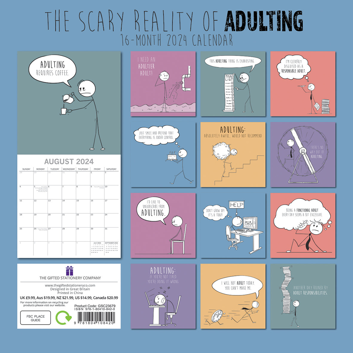 The Scary Reality of Adulting - 2024 Square Wall Calendar 16 Months Planner Gift