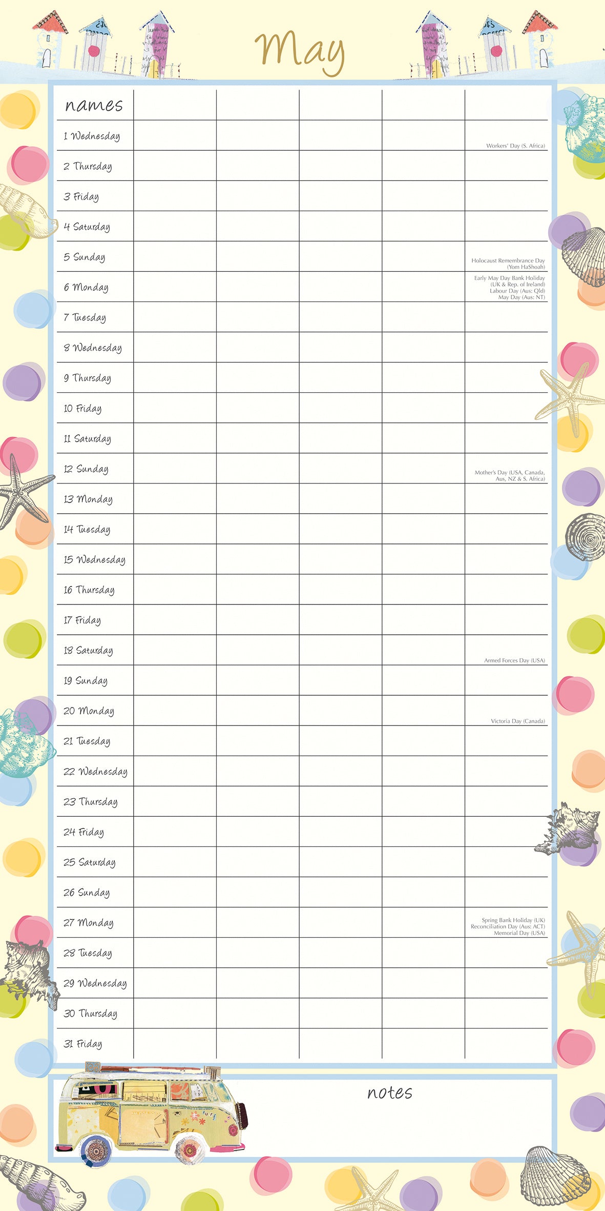 By the Sea Family Organiser - 2024 Square Wall Calendar 16 Months School Planner