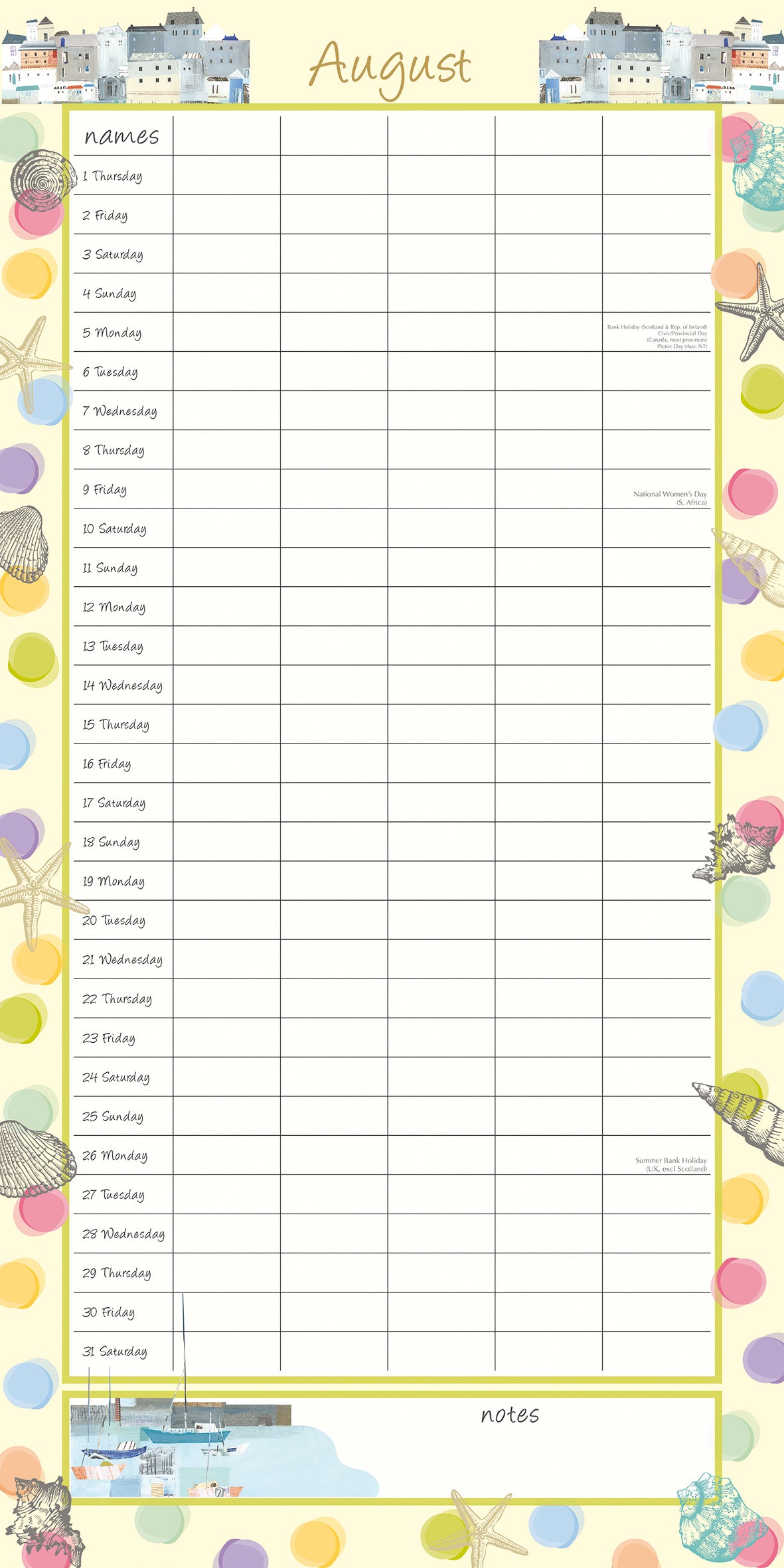 By the Sea Family Organiser - 2024 Square Wall Calendar 16 Months School Planner