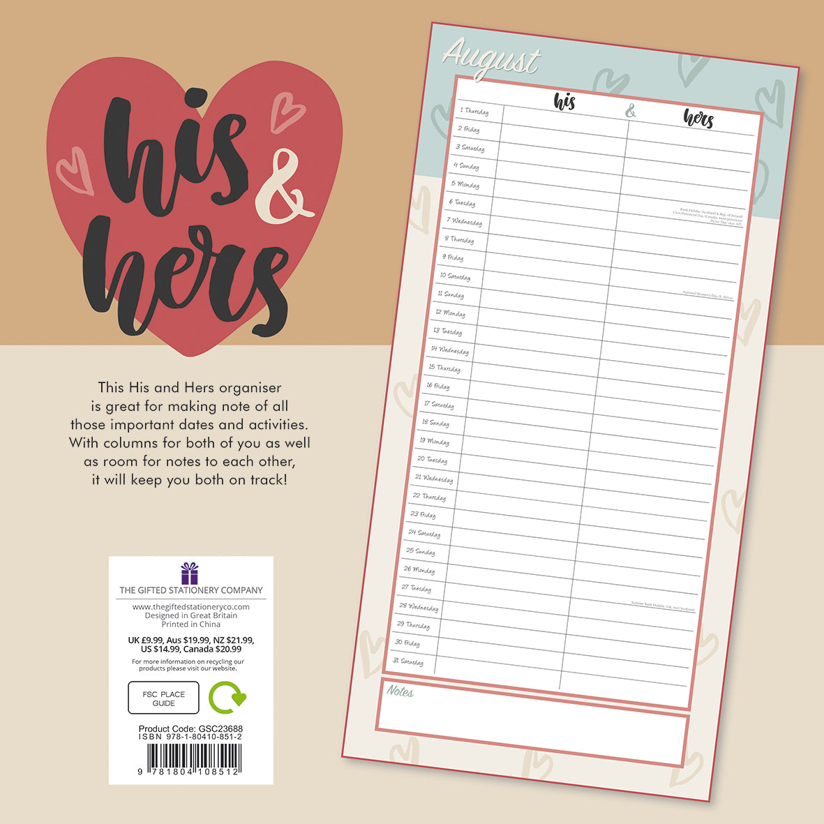 His & Hers Organiser - 2024 Square Wall Calendar 16 Months Planner New Year Gift