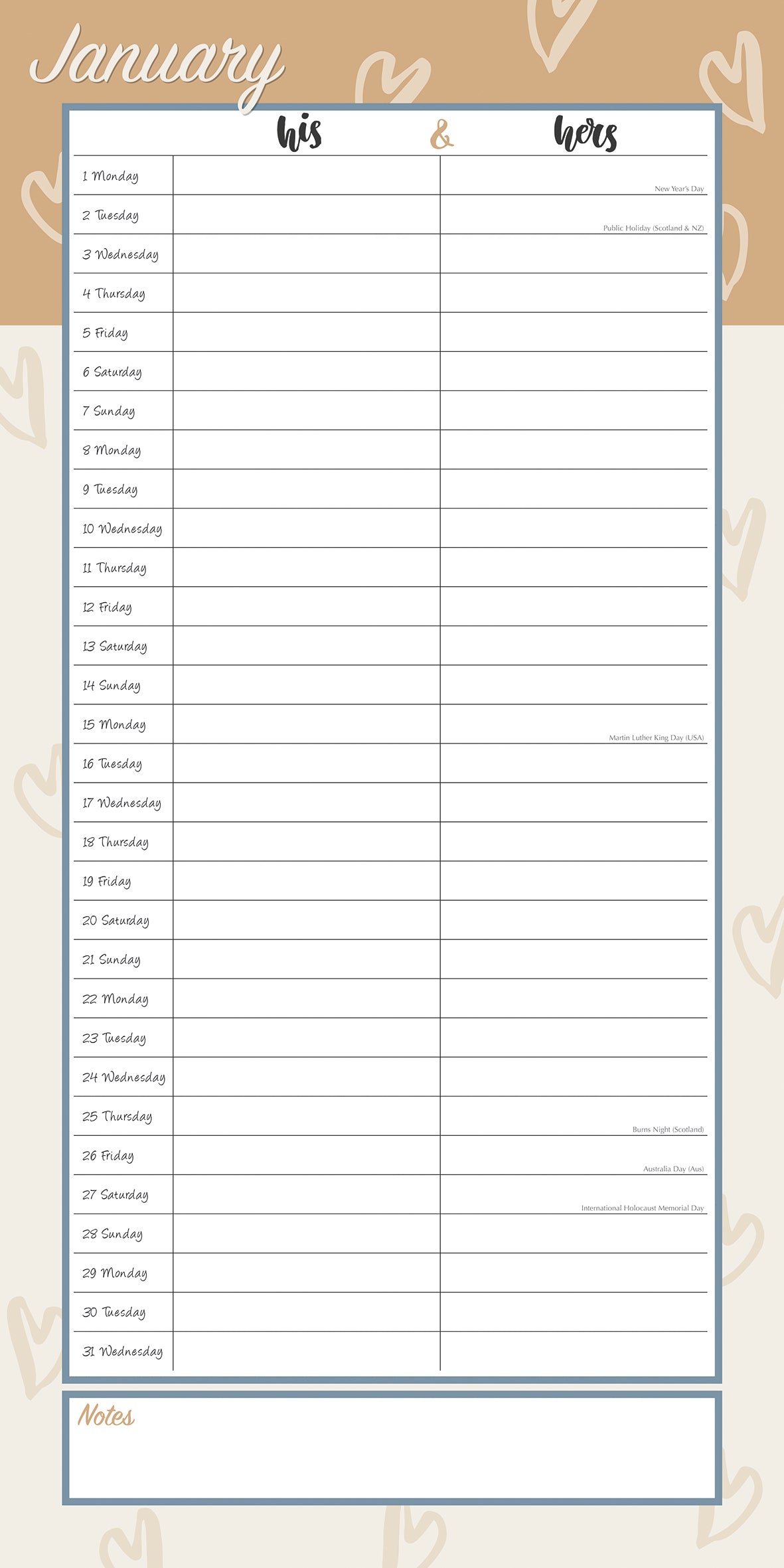 His & Hers Organiser - 2024 Square Wall Calendar 16 Months Planner New Year Gift