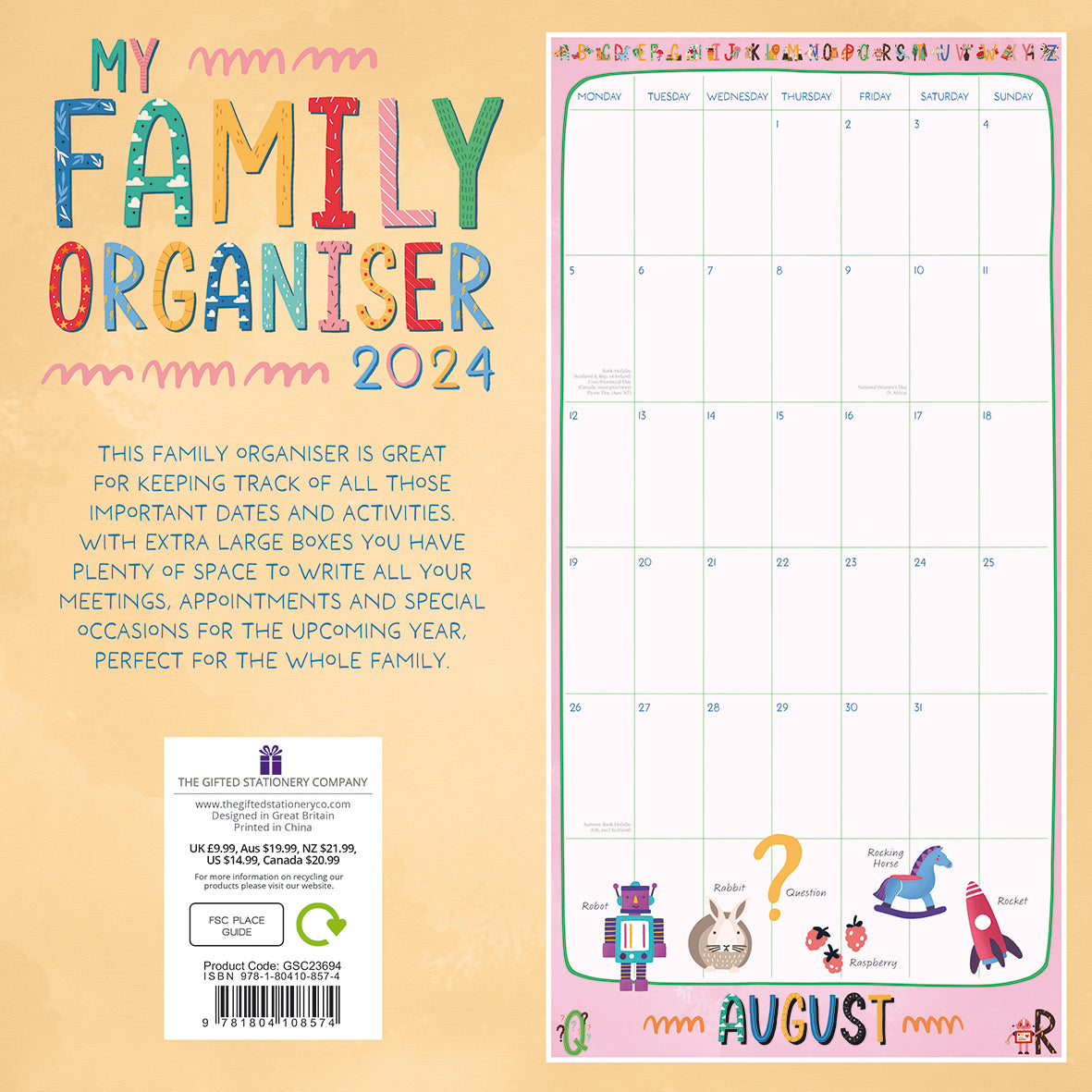 My Family Organiser Unicorn - 2024 Square Wall Calendar 16 Months School Planner