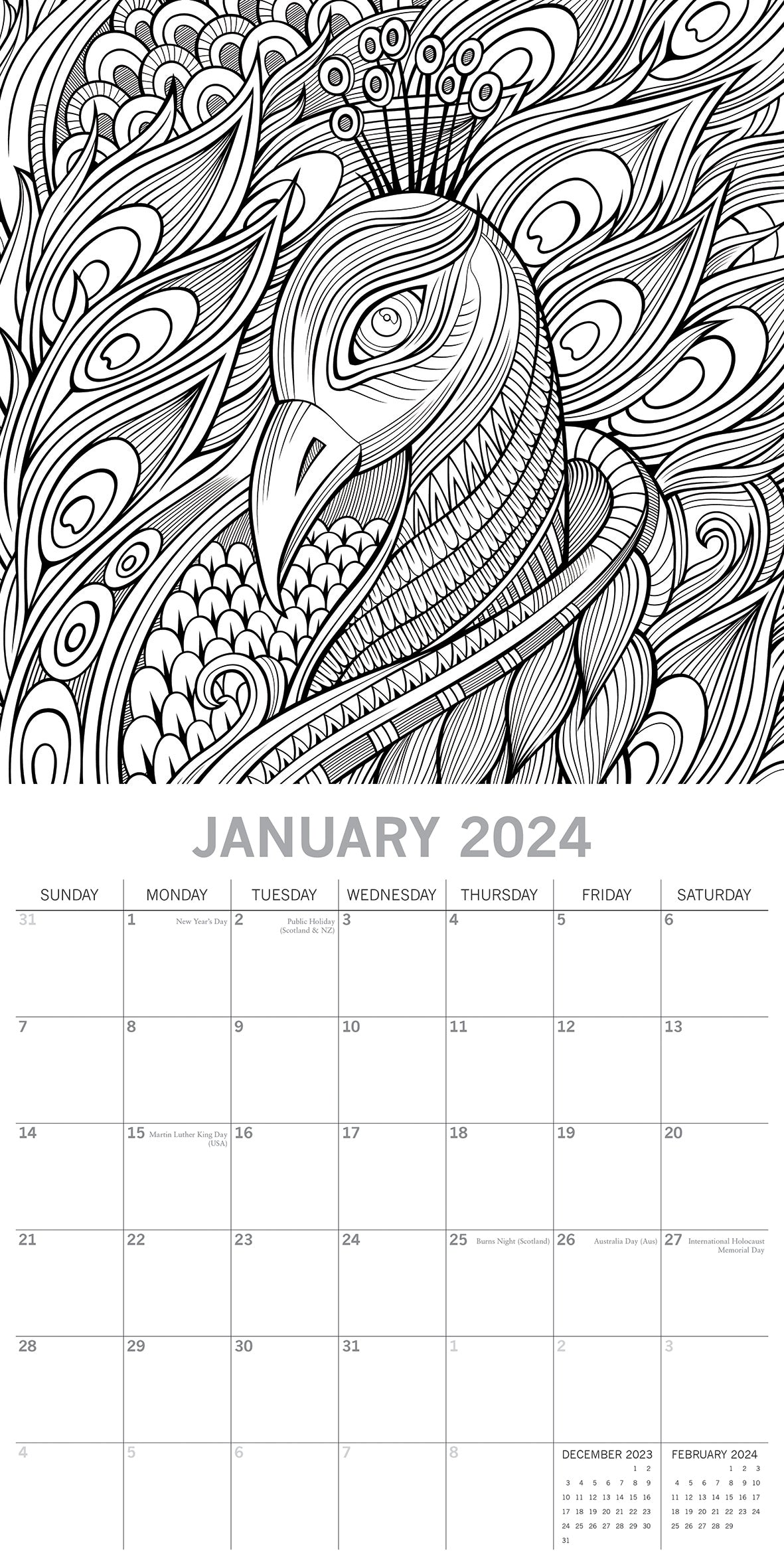 Colouring Calendar - 2024 Square Wall Calendar 16 Months Lifestyle Planner Gift